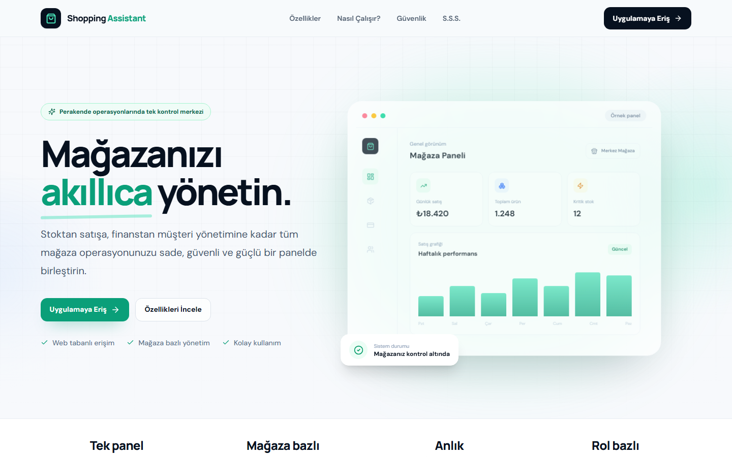 Shopping Assistant mağaza yönetim platformu tanıtım sayfası ve örnek yönetim paneli